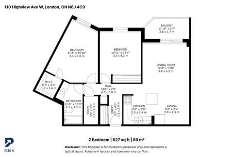 Floor plan for 2 beds, 1 bath, 900 sqft